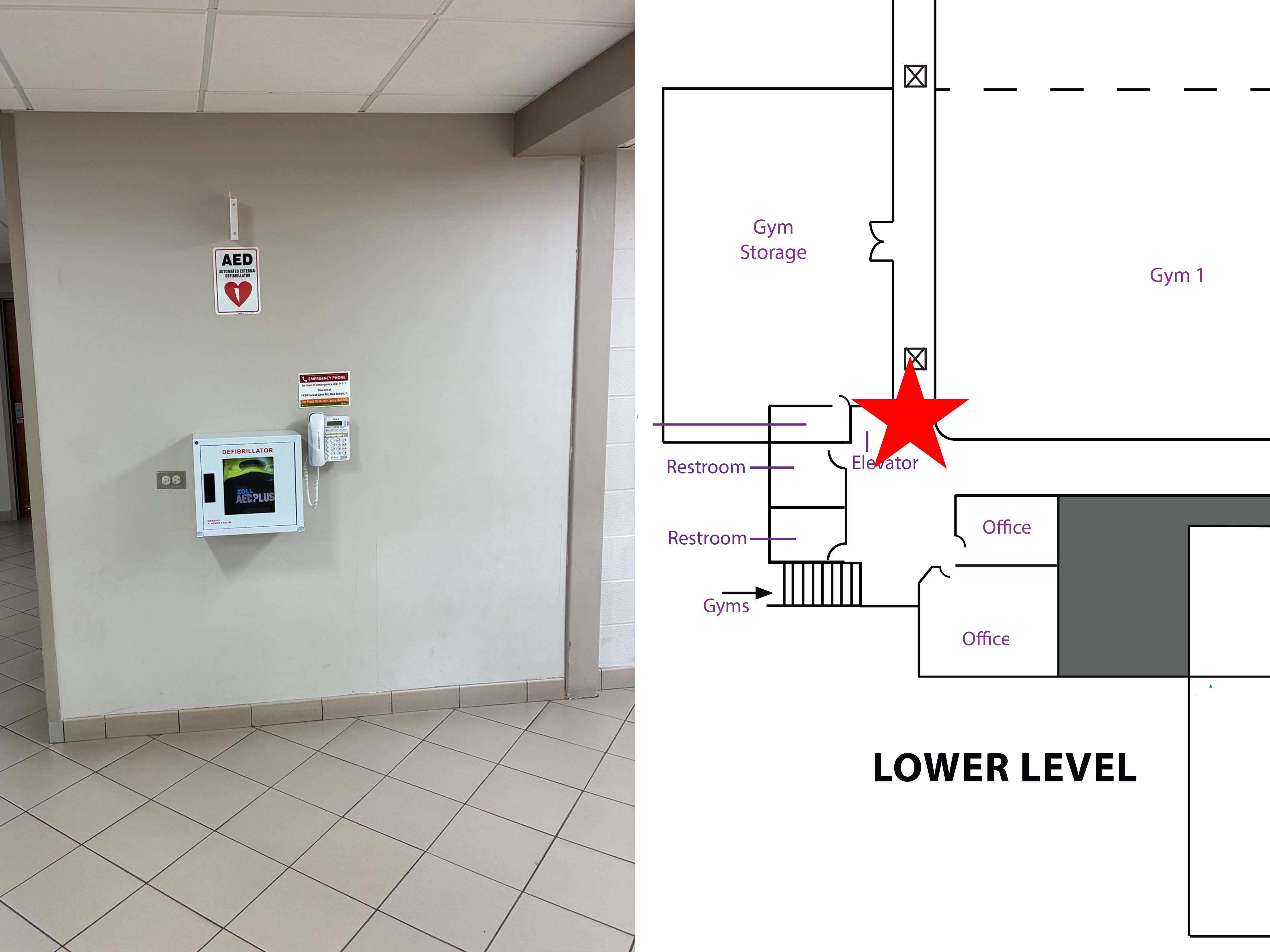 AED and location map in the Family Recreation Center gymnasium lobby
