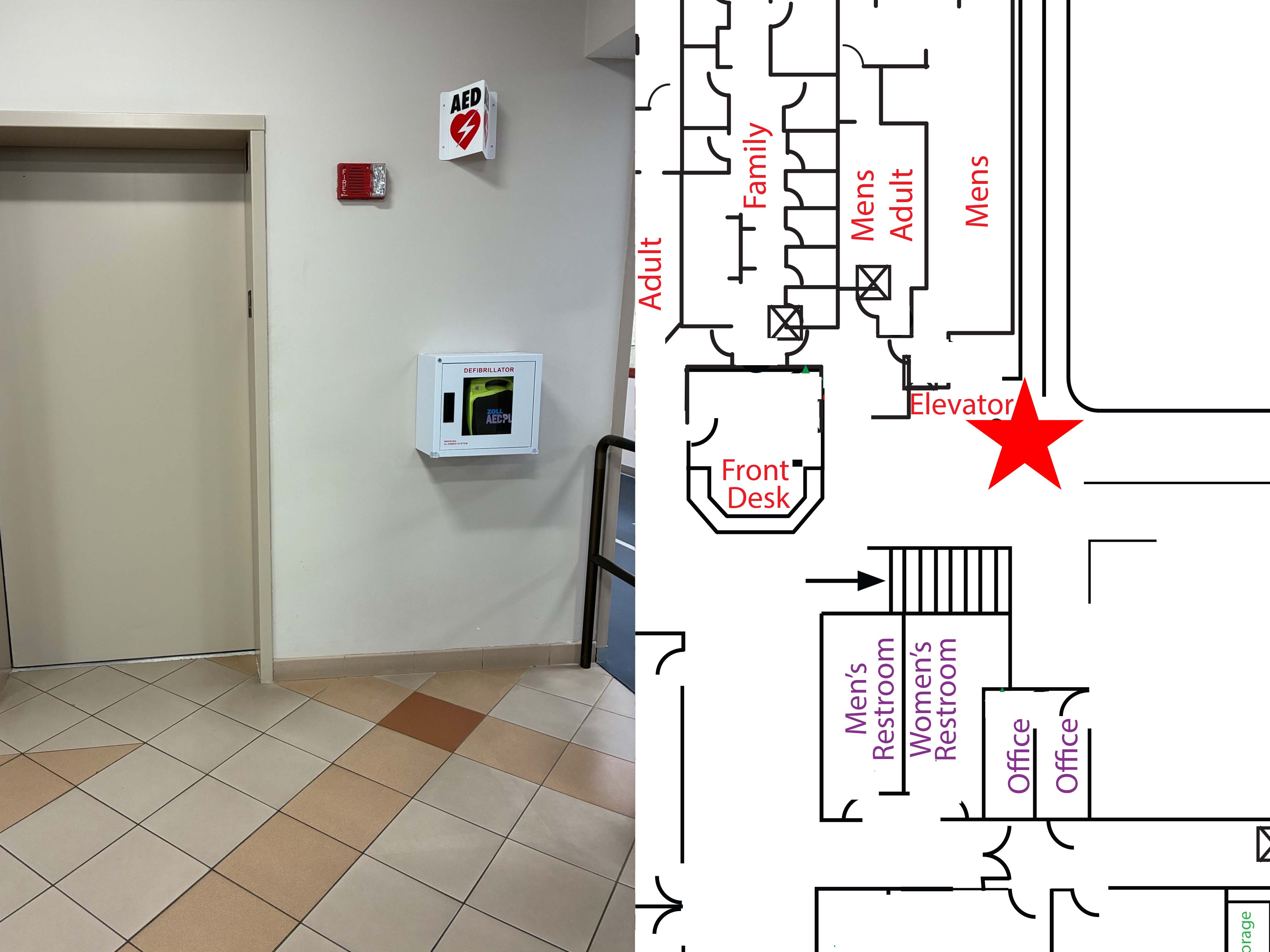 AED and location map at the Family Recreation Center front desk