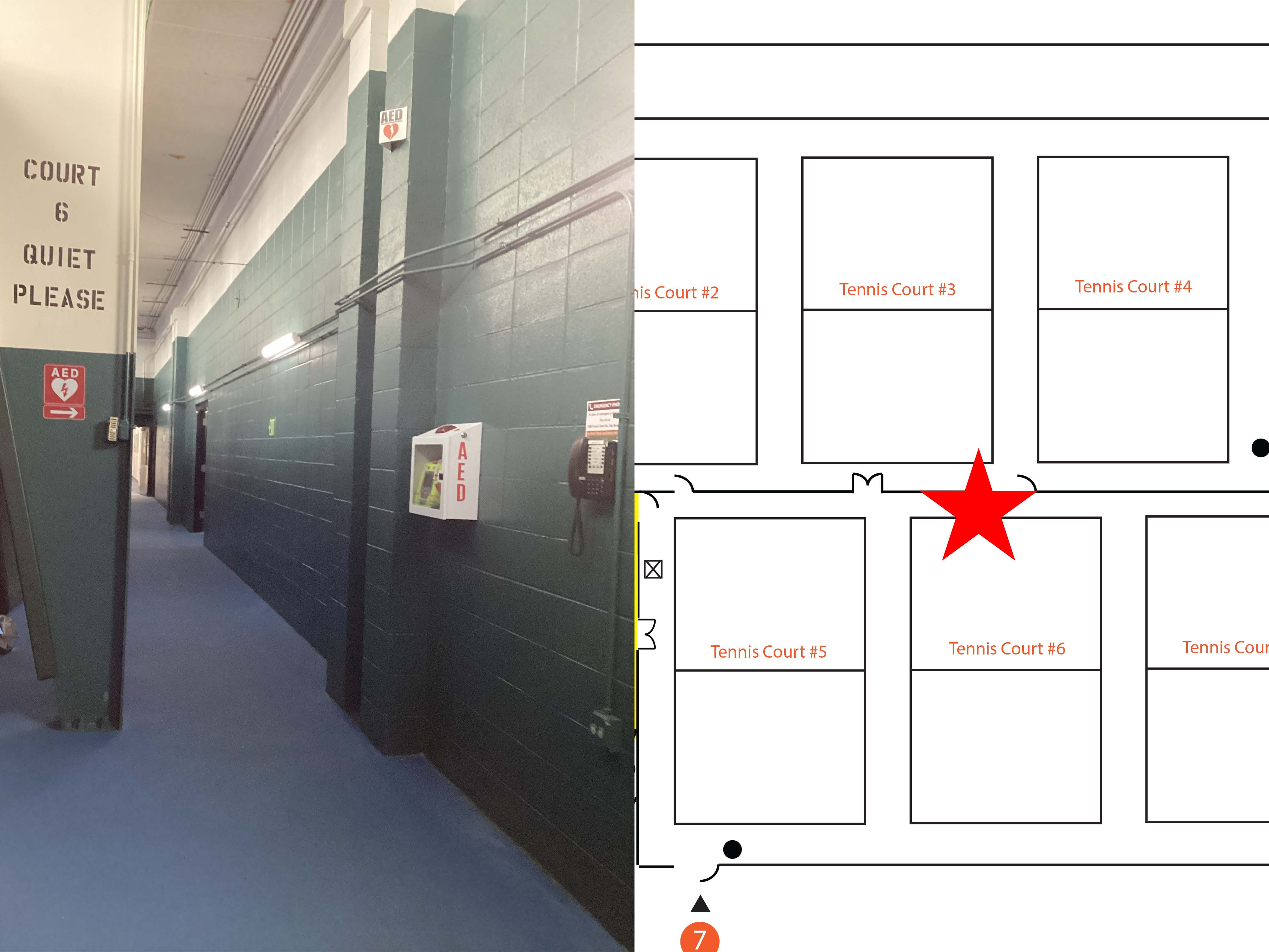 AED and location map in the Tennis Center hallway near Court 6