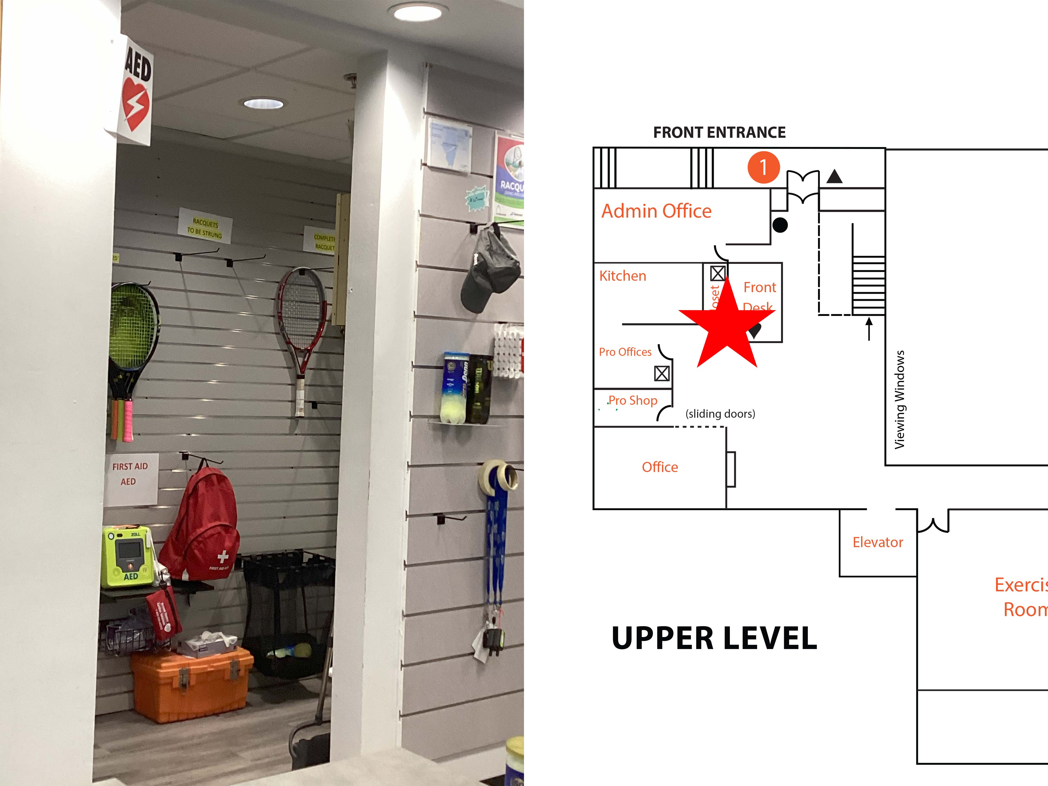 AED and location map at the Tennis Center front desk