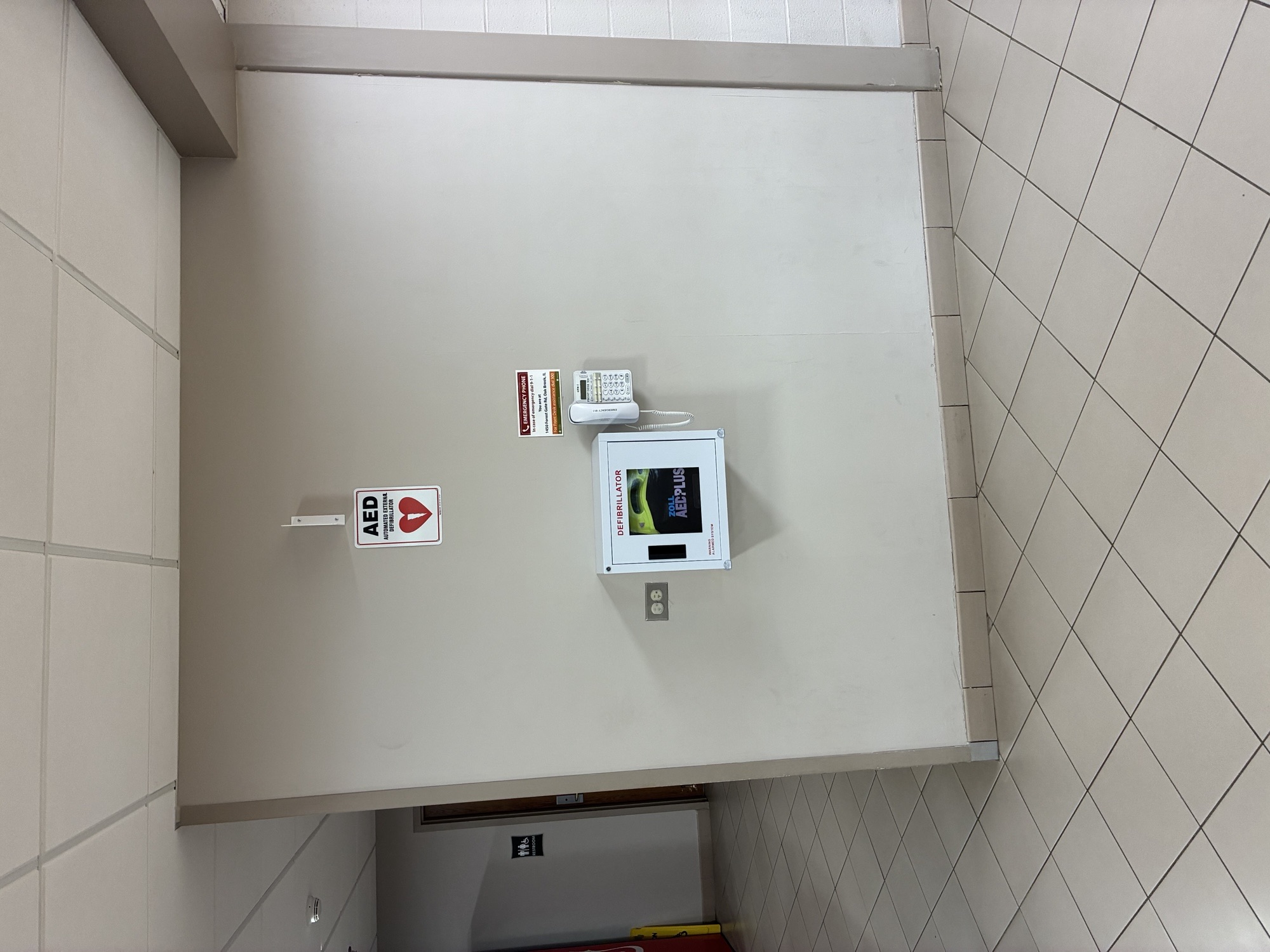 Family Recreation Center gymnasium lobby AED location outside the elevator