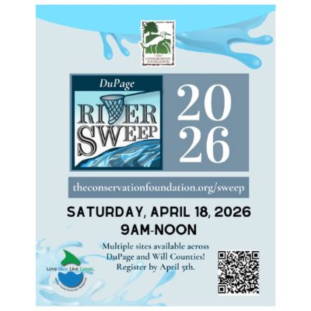 DuPage River Sweep 2026 event promoting community river cleanup, featuring volunteers picking up trash and event details for Saturday, April 18 from 9 AM to noon.