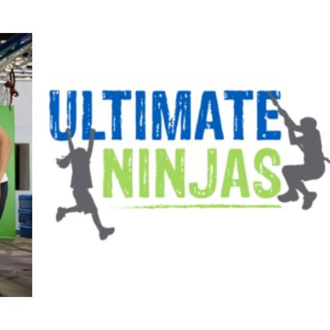 Children participating in Ultimate Ninjas obstacle course activities, climbing, jumping, and swinging through ninja-style challenges.